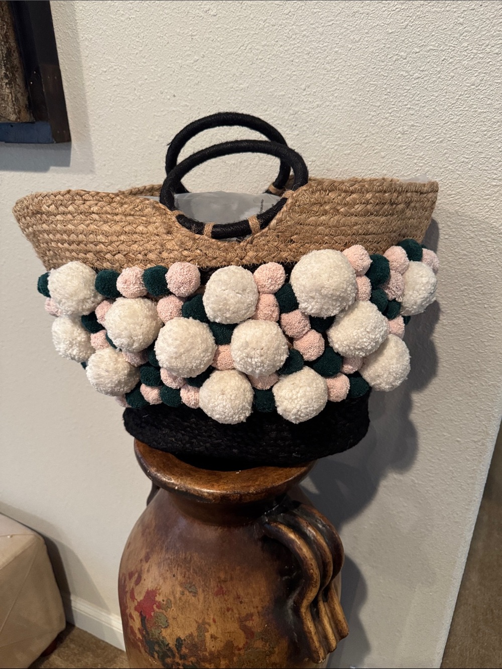 Magid Straw Tote with Cream, Pink & Dark Green Pom Poms